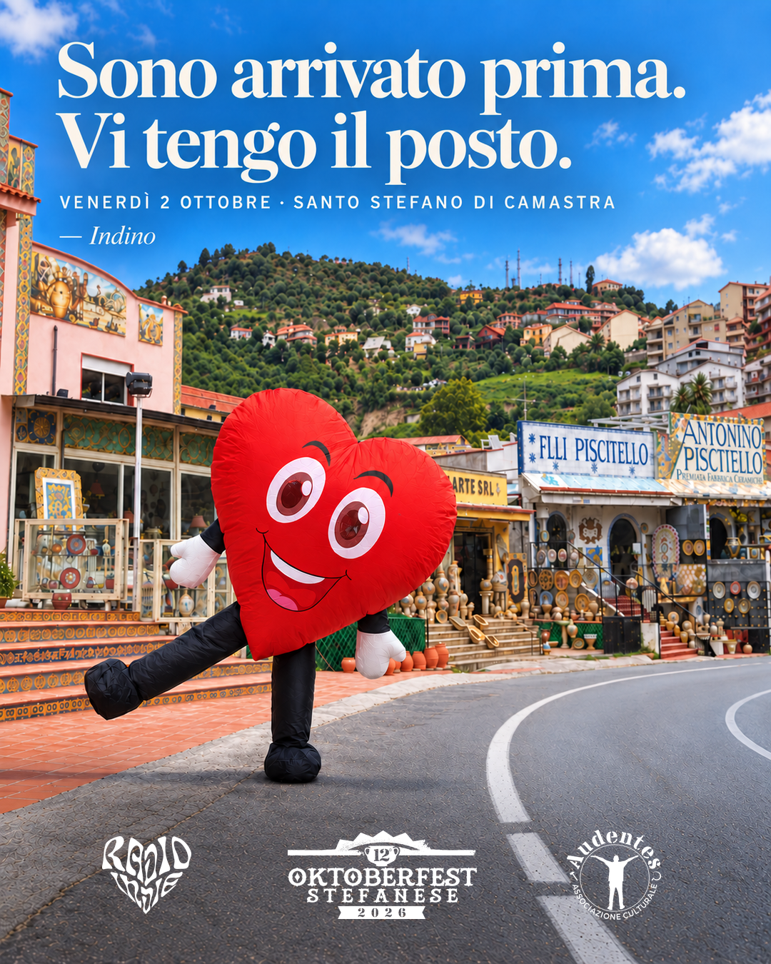 Indino, la mascotte a forma di cuore di Radio Indie, nella grafica dell’Oktoberfest Stefanese 2026